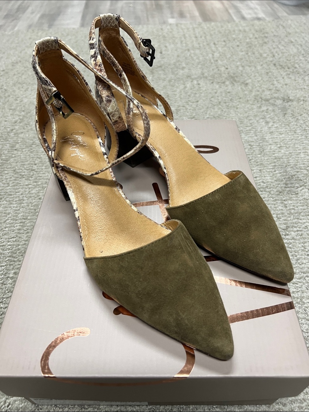 Crown Vintage Olive Suede Pointed-Toe Heels with Snakeskin Ankle Straps